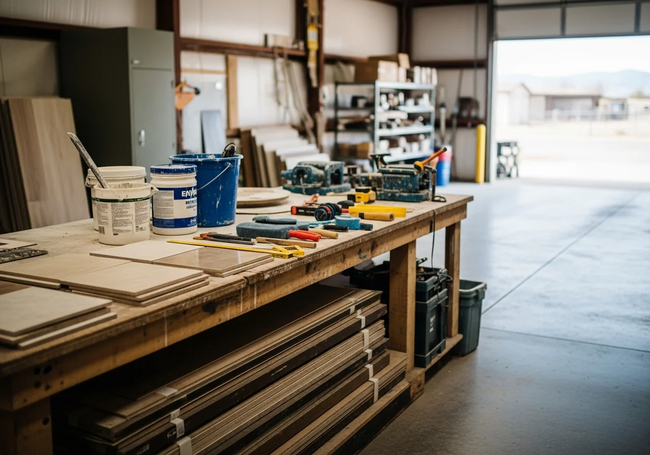 Professional flooring installation workspace with tools and materials ready for tile, epoxy, and vinyl plank projects.
