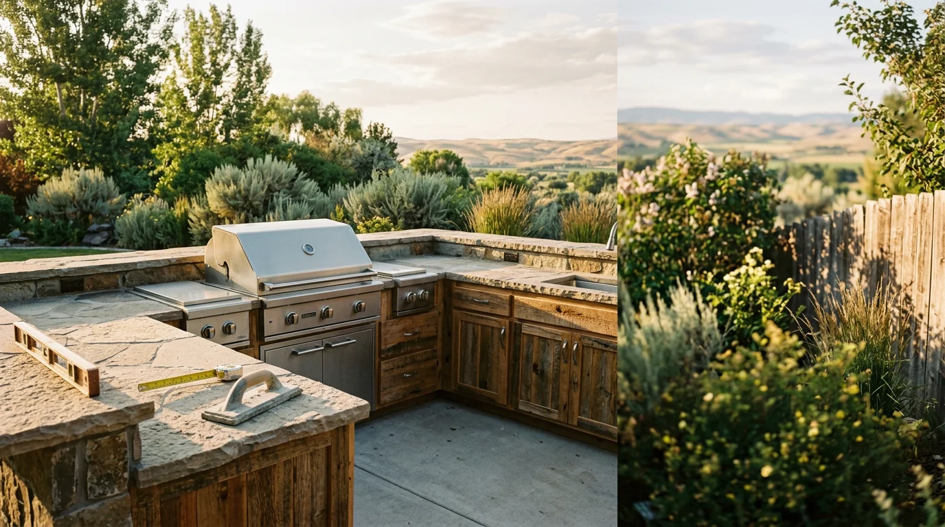 Modern outdoor kitchen with built-in grill, epoxy countertops, and stone accents in Fruitland backyard