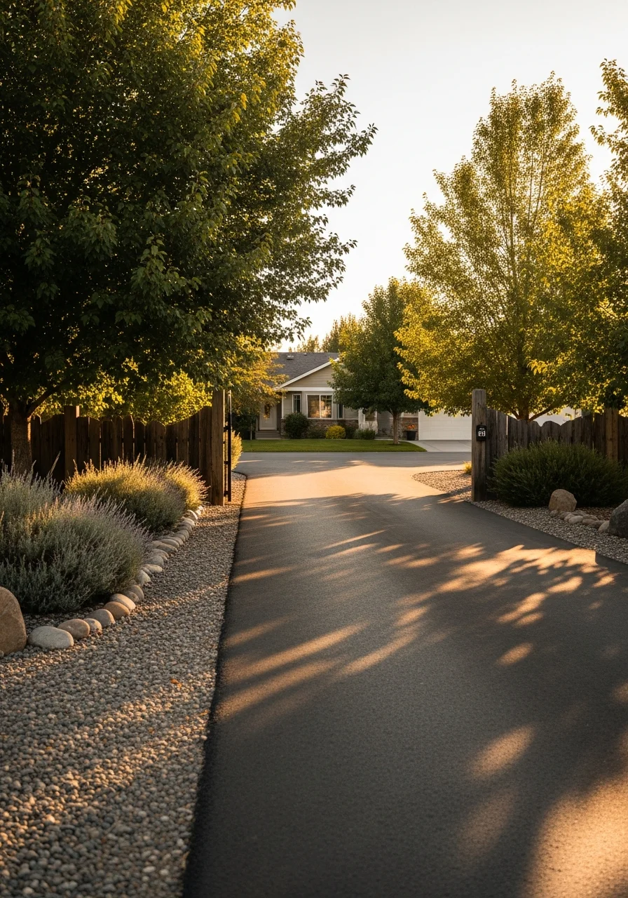 Close-up of Kuna property entrance with mature landscaping and driveway.