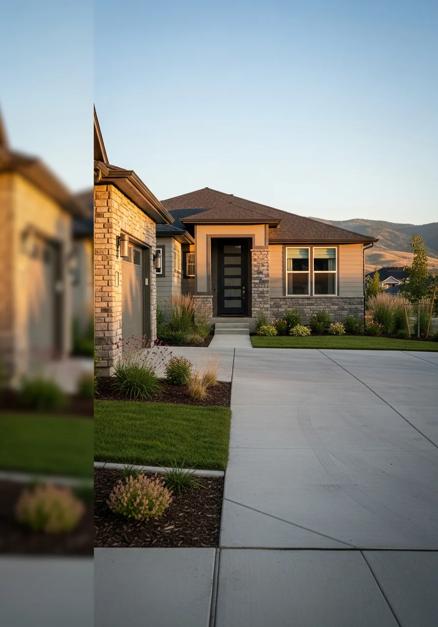 Meridian home exterior with modern design and manicured front yard.