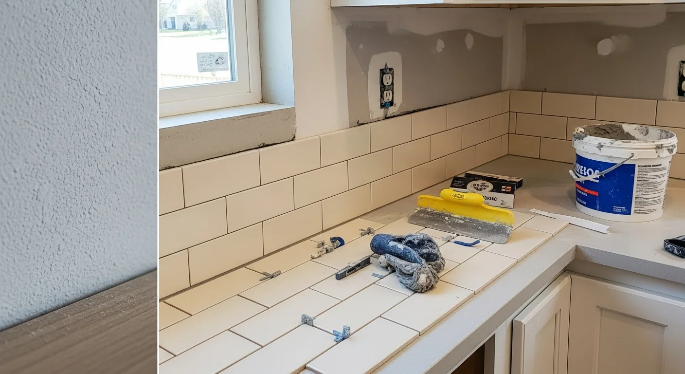 Freshly installed tile backsplash on the kitchen wall of a single-family home in Kuna, ID, with clean grout lines running from the countertop to the upper cabinets. The tile is centered behind the sink with precise edge cuts along the cabinet sides.
