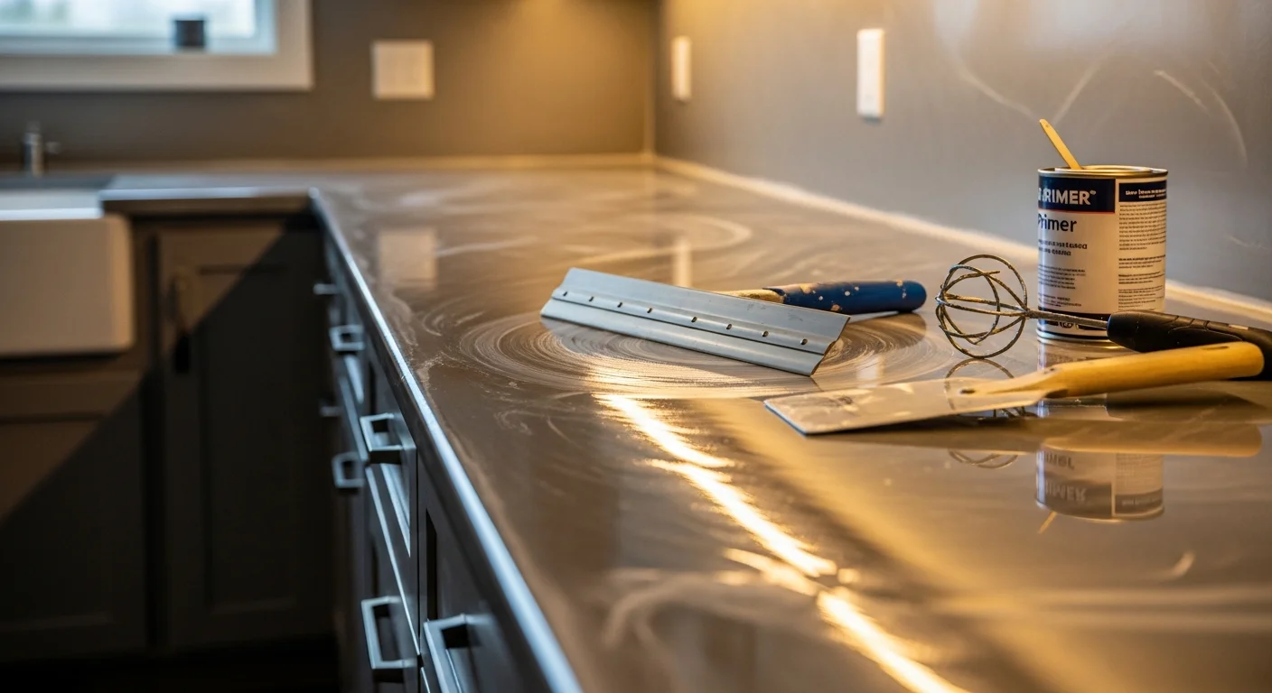 A finished epoxy countertop in a Kuna, ID kitchen showing a smooth, glossy surface with a custom color finish applied over an existing countertop. The seamless coating runs edge to edge with no visible seams or grout lines.