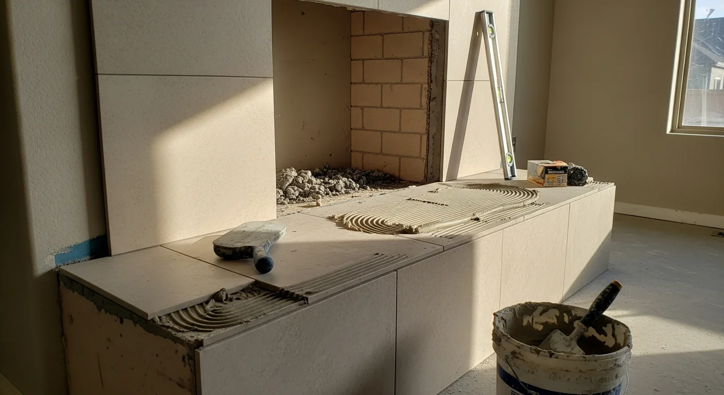 Freshly installed tile surround and hearth on a residential fireplace in a Kuna, Idaho living room. The tile runs from the firebox opening to the full height of the surround, with consistent grout lines and a clean edge along the mantel.