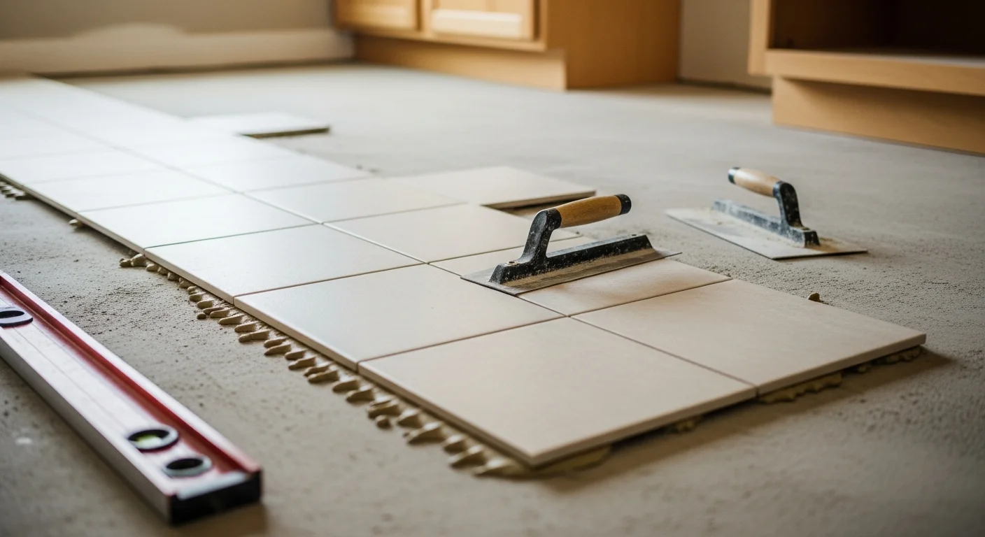 Freshly installed floor tile in a kitchen of a single-family home in Kuna, ID, with clean grout lines and a consistent layout across an open floor plan. The tile runs from the kitchen into the adjacent entryway, showing a complete professional installation by Seven West Flooring Solutions.