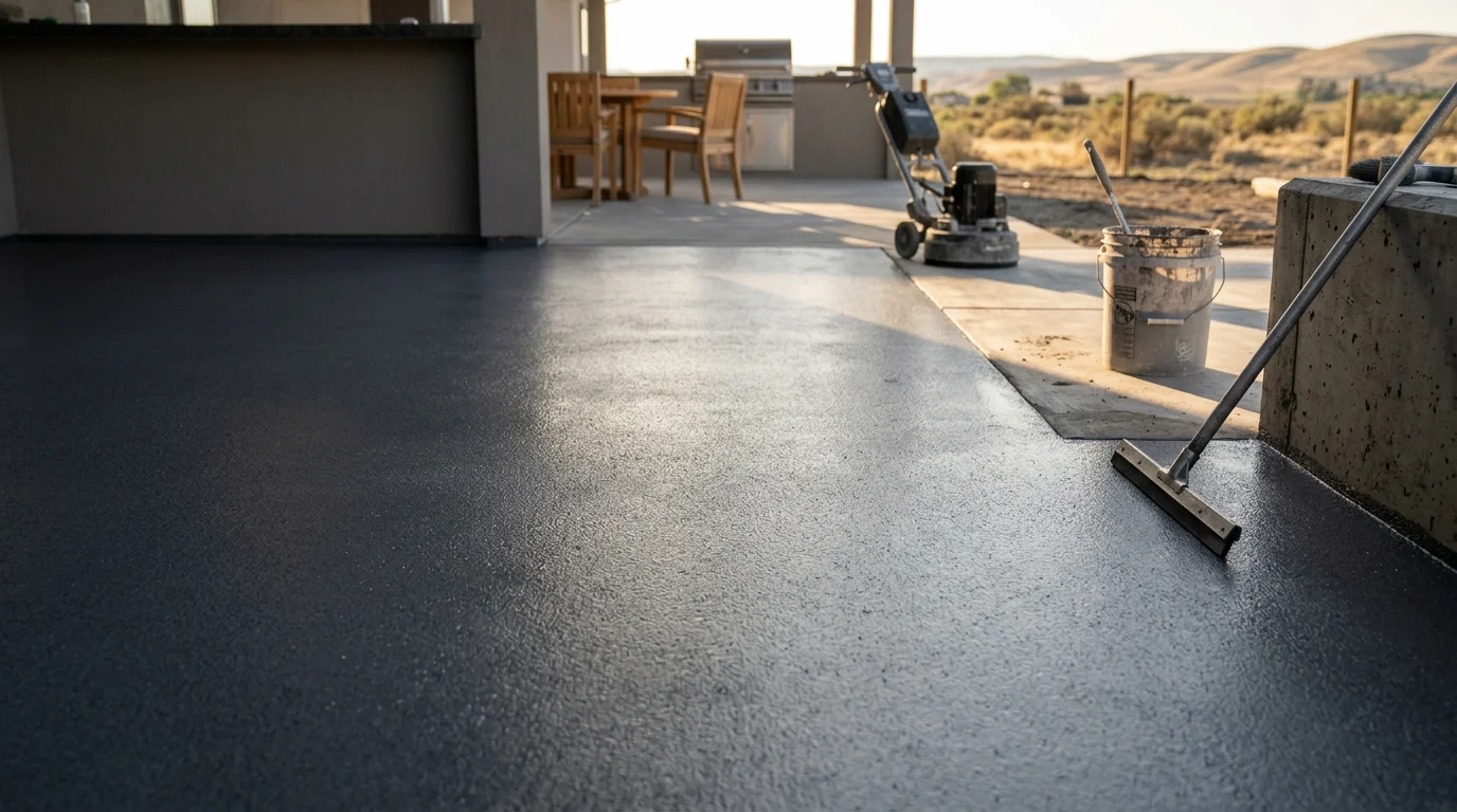 Finished outdoor epoxy surface on a patio and outdoor kitchen floor in Kuna, Idaho, showing a smooth, seamless coating with slip-resistant texture. The surface reflects natural light and surrounds a built-in grill station in a residential backyard setting.