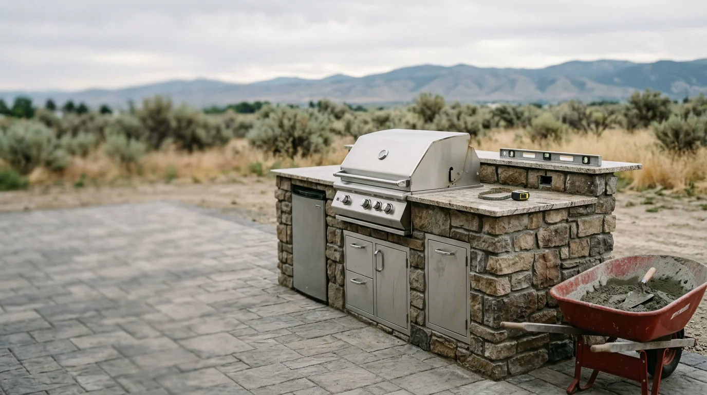 A completed outdoor kitchen installation in a Kuna, Idaho backyard, featuring a built-in grill, stone countertops, and a defined prep and seating area on a finished patio. The setup reflects the open lot style common across the Treasure Valley.