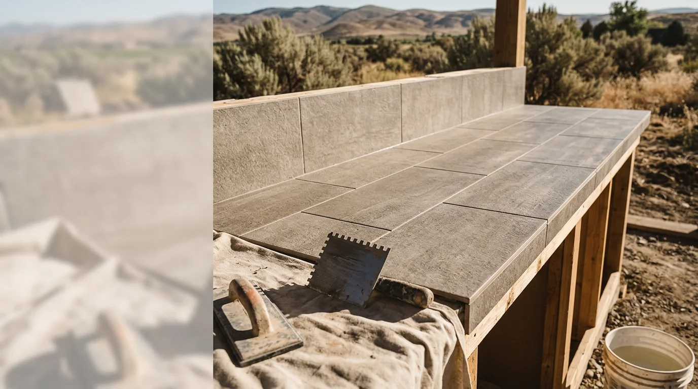 Finished outdoor kitchen tile installation in Kuna, Idaho, showing tiled countertop and island face on a backyard cooking area. Tile surfaces are smooth, evenly grouted, and set flush for a clean, weather-ready finish.