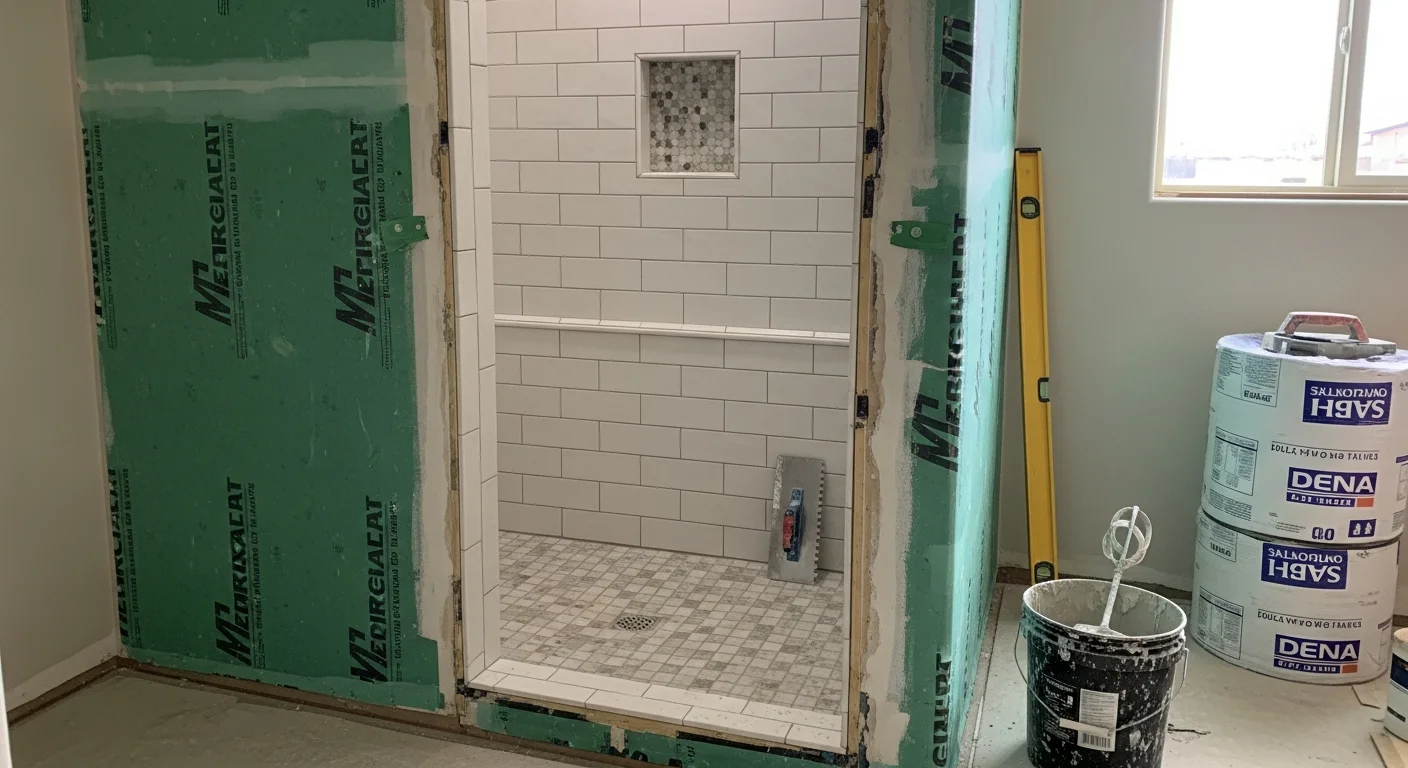 Freshly installed shower tile with clean grout lines covering the walls and floor of a single-family home bathroom in Kuna, ID. The tiled walk-in shower enclosure shows a full surround installation completed by Seven West Flooring Solutions.